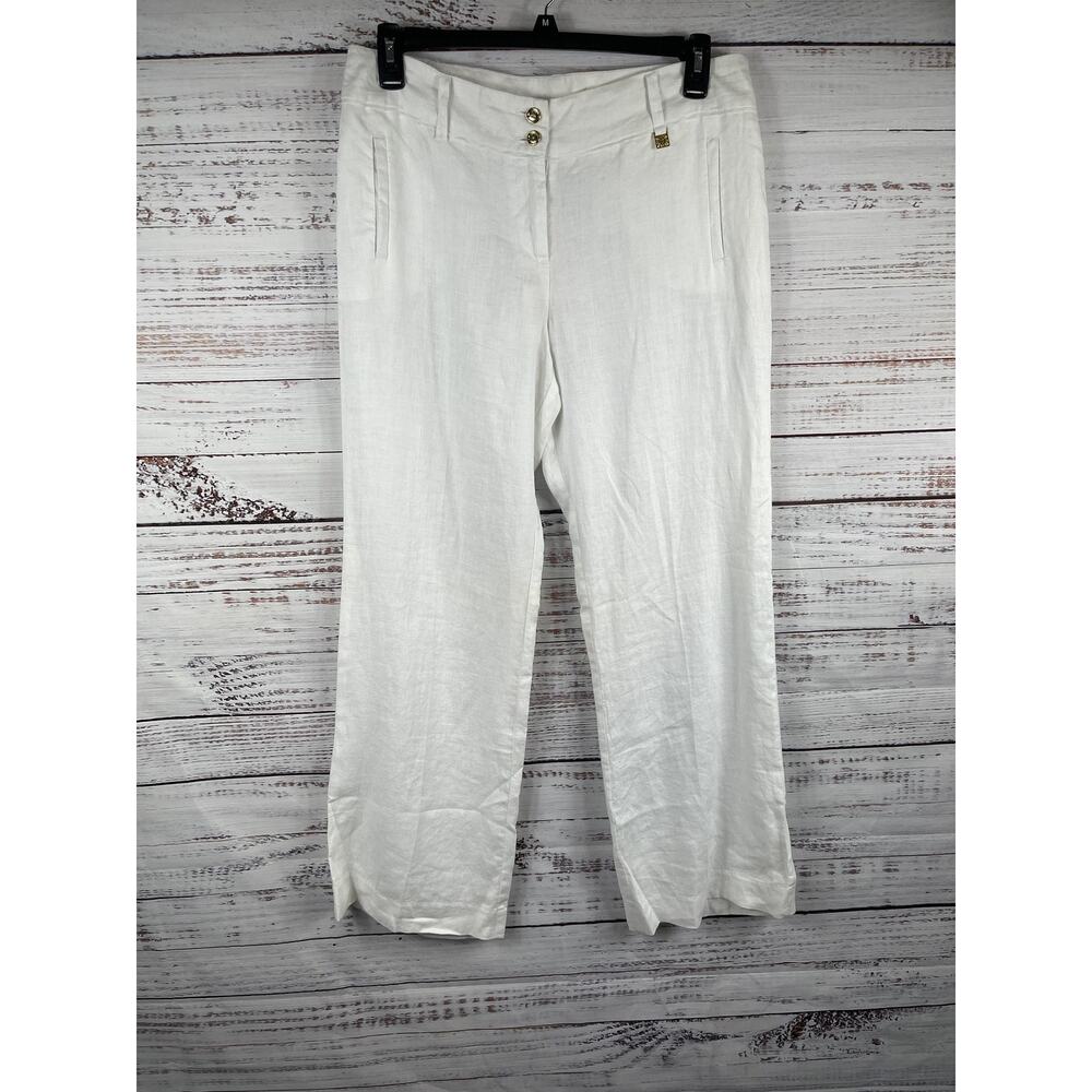 Anne Klein Pants Women's 10 White Linen Straight Leg Lined Dress Work Career